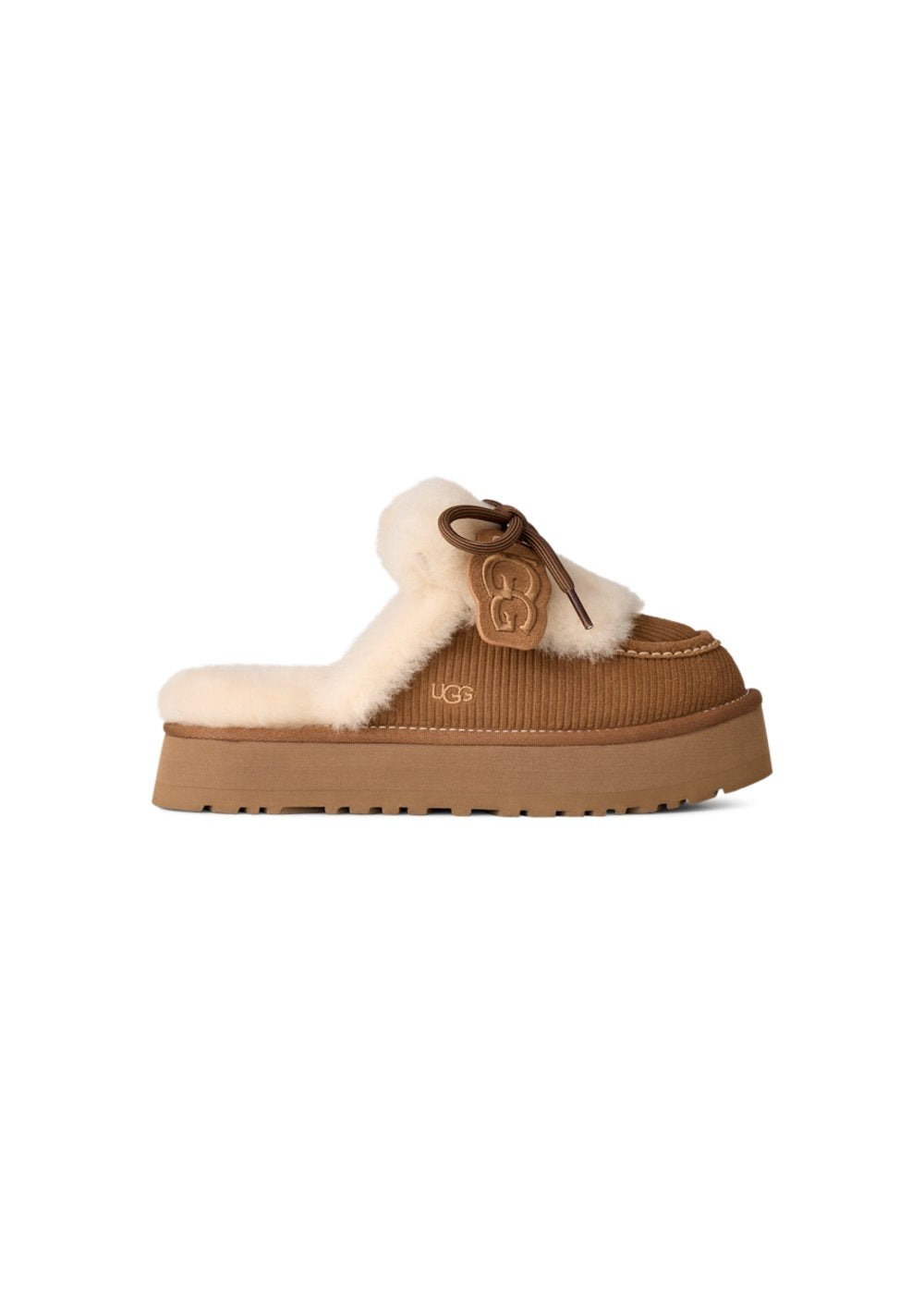 Mules UGG Disquette Heritage en velours camel, vue de profil | Ann Tuil