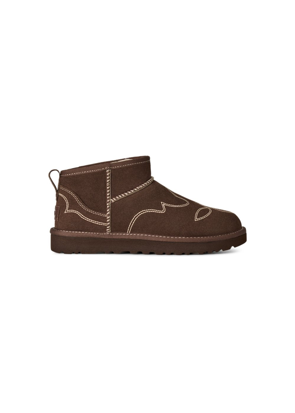 Boots UGG Classic Ultra Mini Western en velours marron, vue de profil | Ann Tuil