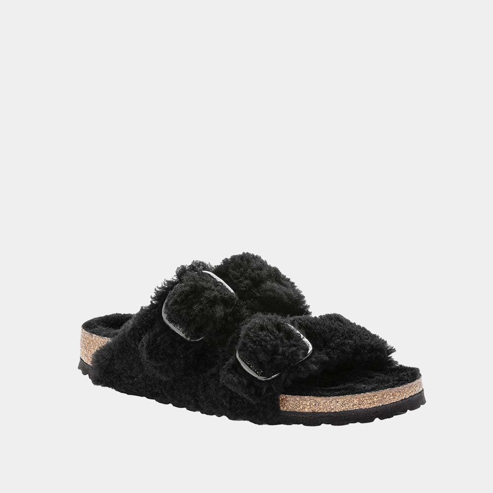 Mules Birkenstock Arizona Big Buckle Shearling en mouton noir, vue 2 – mules fourrées femme | Ann Tuil