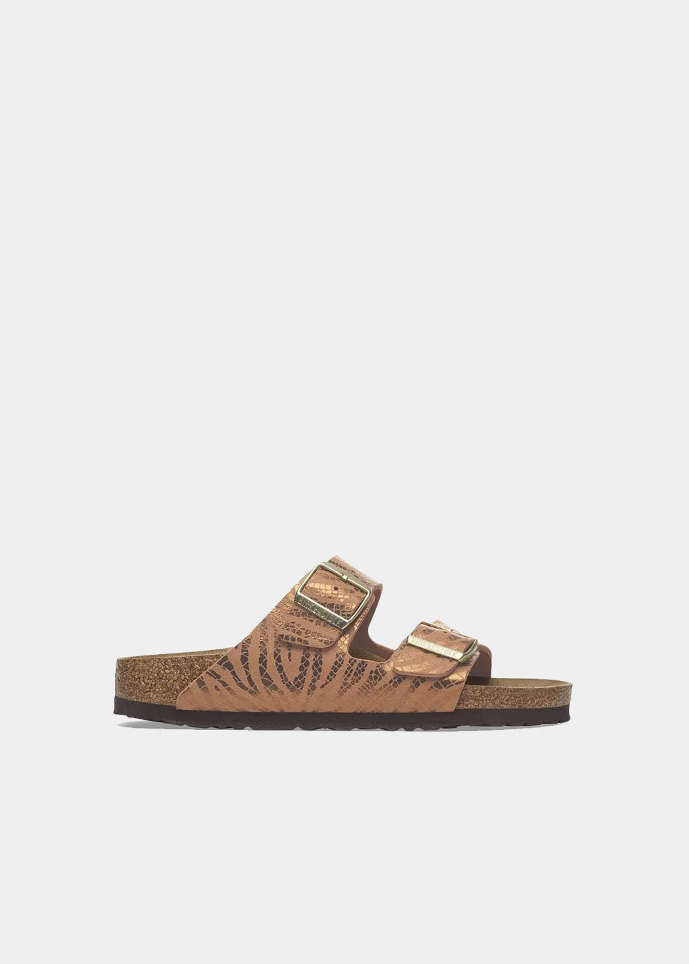 Mules Birkenstock Arizona BS en synthétique recyclé zebra pécan, vue de profil – mules femme | Ann Tuil