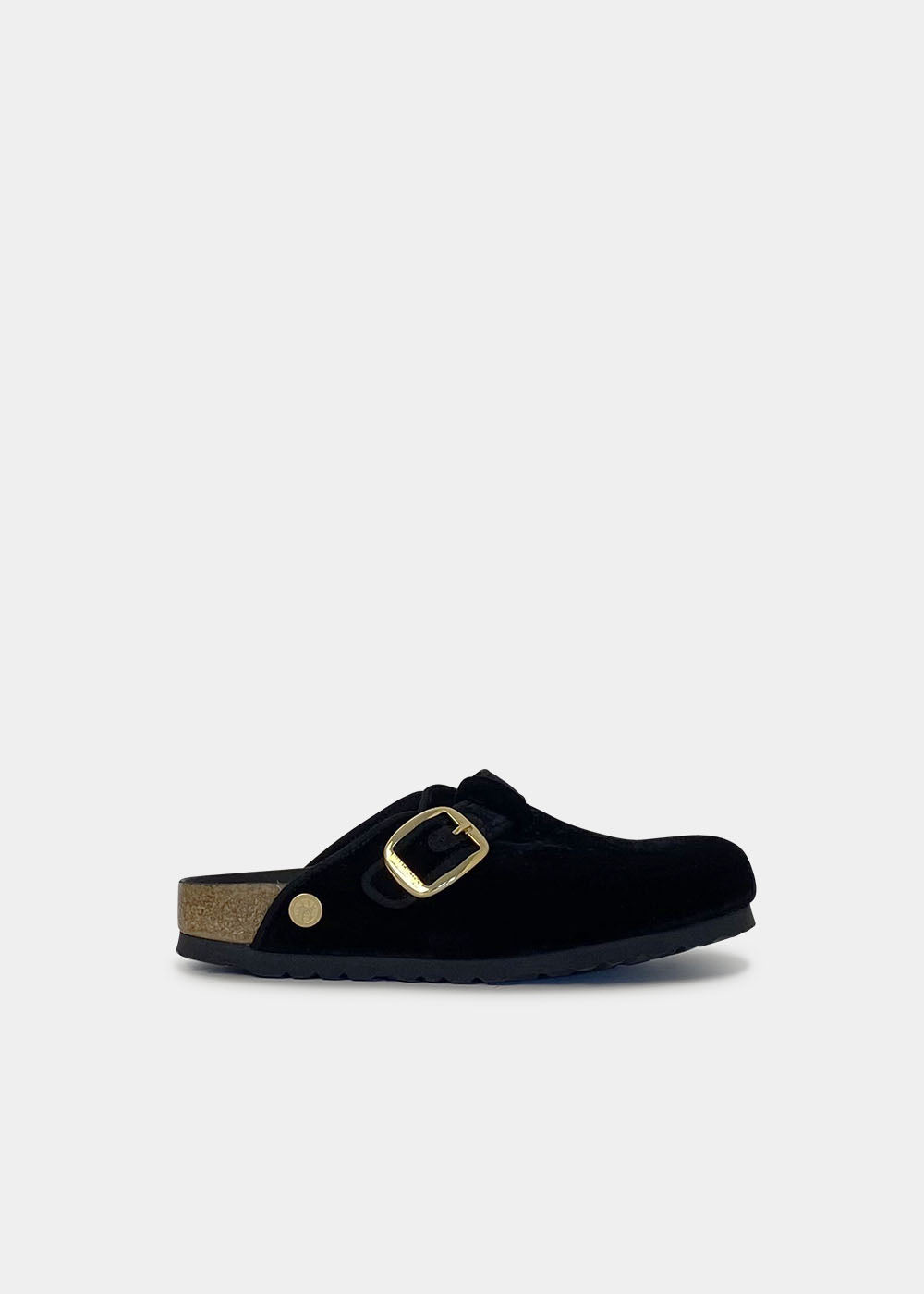 Sabots Birkenstock Boston BB Biping Rivet Logo en velvet noir, vue de profil – sabots femme | Ann Tuil