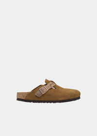 Sabots Birkenstock Boston Braided en cuir velours camel, vue de profil – sabots femme | Ann Tuil