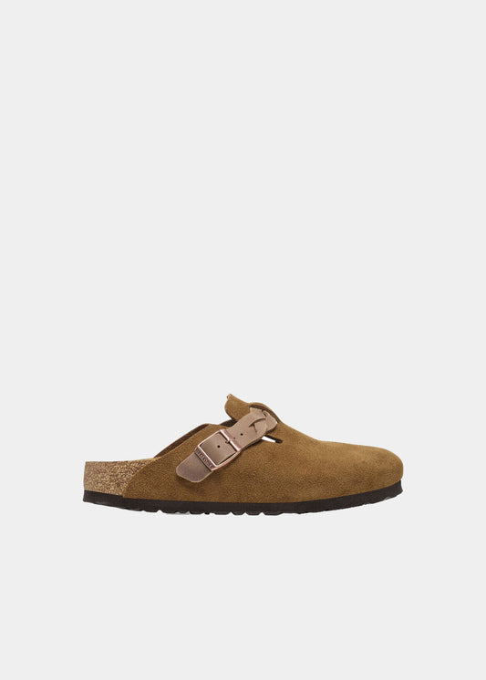 Sabots Birkenstock Boston Braided en cuir velours camel, vue de profil – sabots femme | Ann Tuil