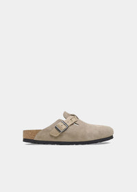 Sabots Birkenstock Boston Braided en cuir velours taupe, vue de profil – sabots femme | Ann Tuil