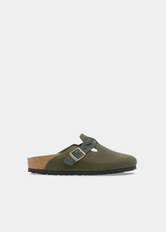 Sabots Birkenstock Boston Braided en cuir velours thyme, vue de profil – sabots femme | Ann Tuil