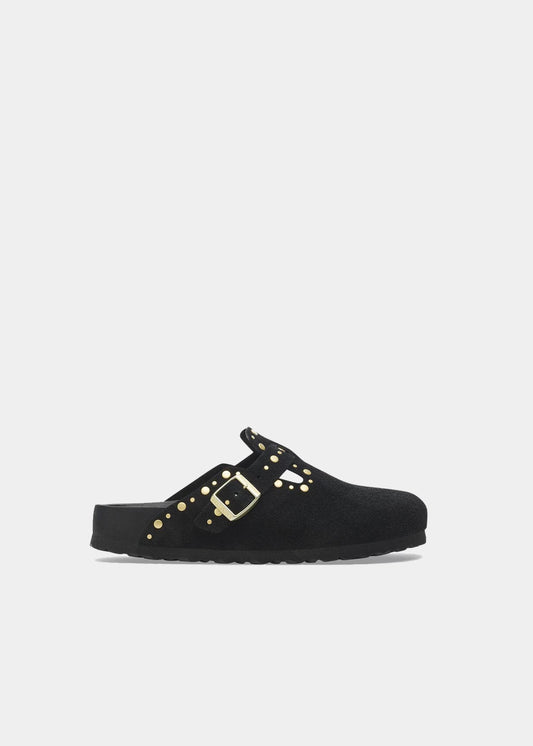 Sabots Birkenstock Boston Rivet en cuir velours noir, vue de profil – sabots femme | Ann Tuil