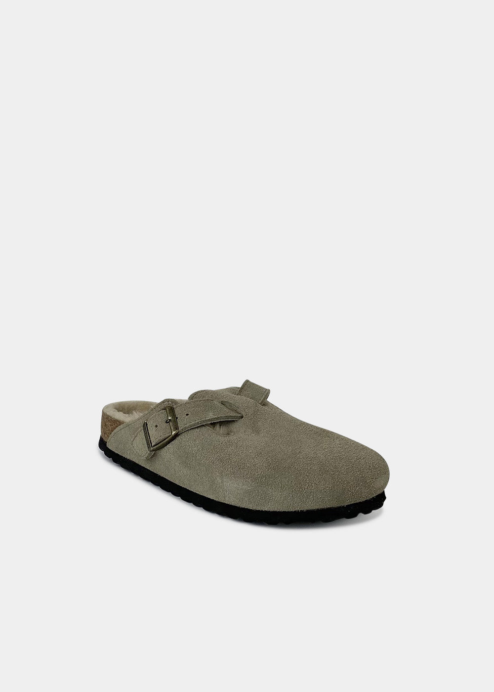 Sabots Birkenstock Boston Shearling en nubuck et fourrure taupe, vue 2 – sabots fourrés femme | Ann Tuil