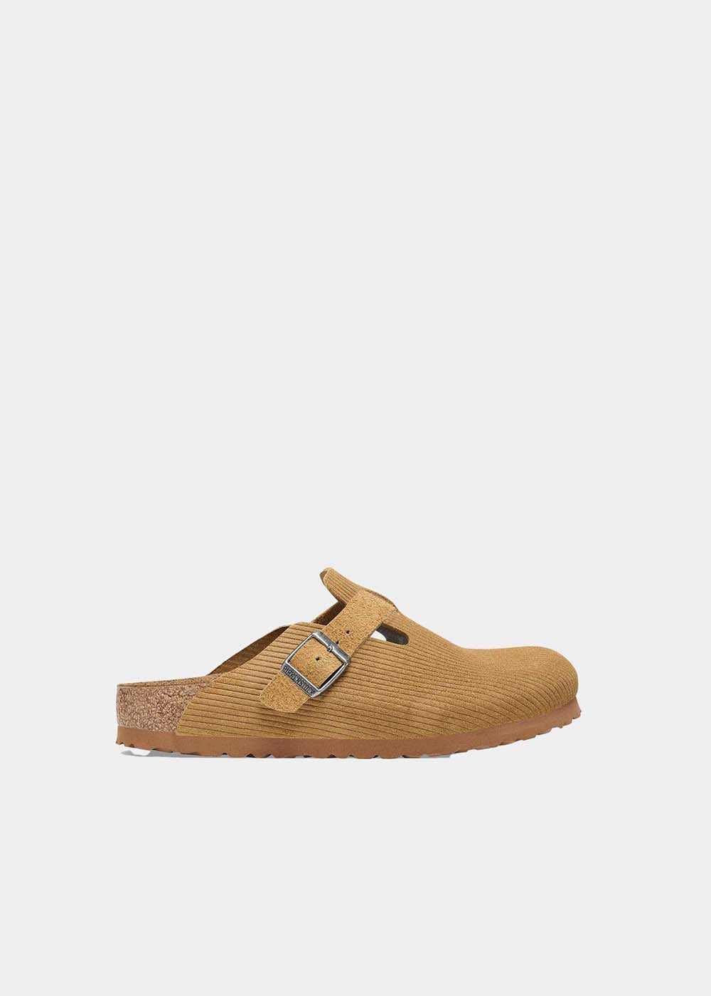 Sabots Birkenstock Boston en velours cotelé cork brown, vue de profil – sabots femme | Ann Tuil