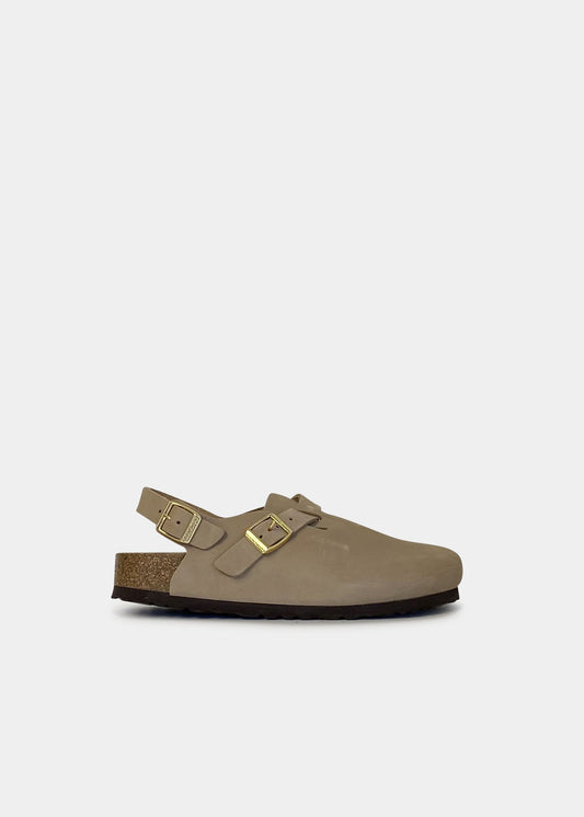 Sabots Birkenstock Tokio II en nubuck sandcastle, vue de profil – sabots femme | Ann Tuil