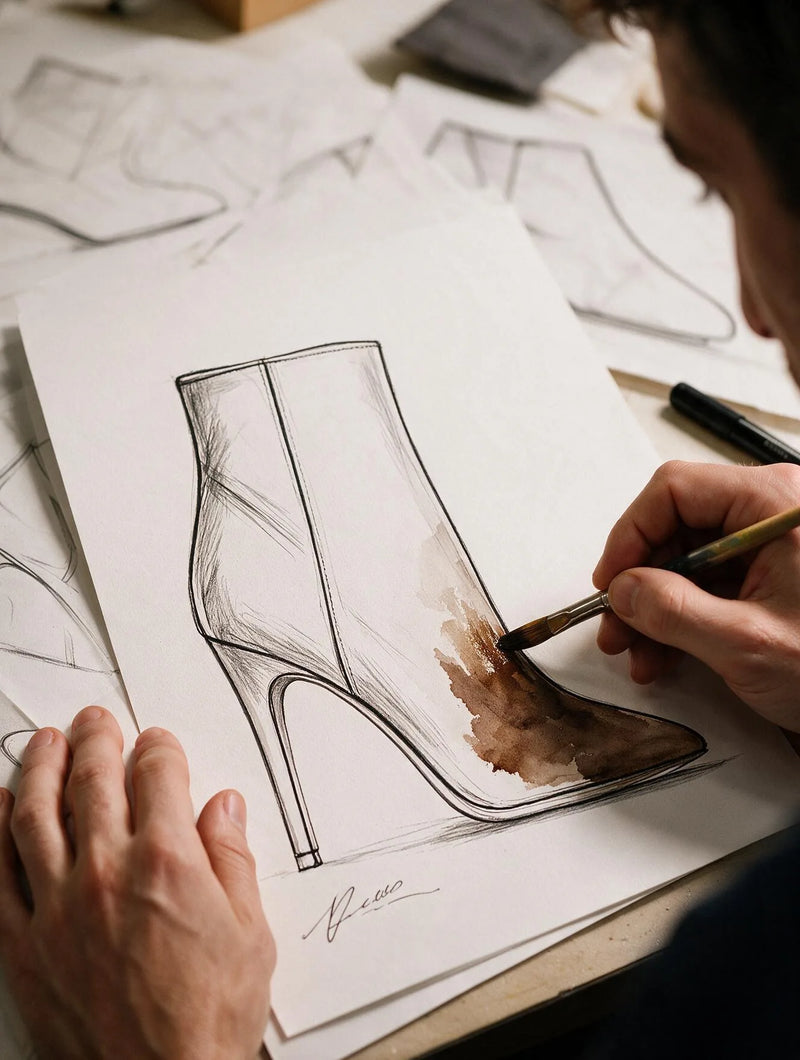 Croquis aquarellé d'une bottine à talon, création d'un modèle de chaussure Ann Tuil