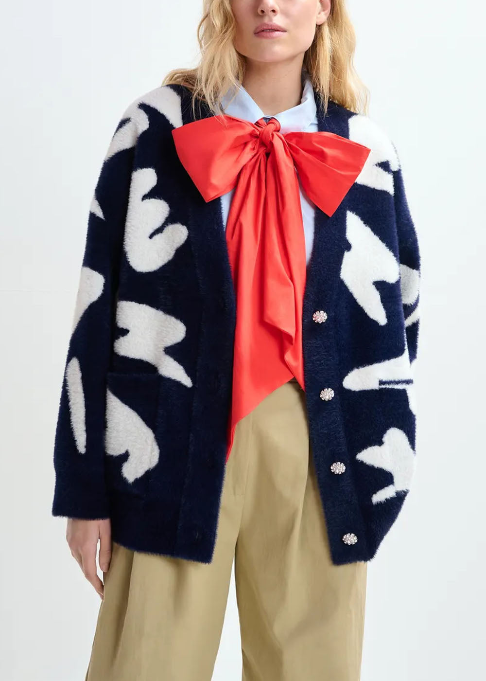 Cardigan Essentiel Antwerp Jarden Letters Knit Cardigan bleu marine et blanc, vue 1 – cardigan femme | Ann Tuil
