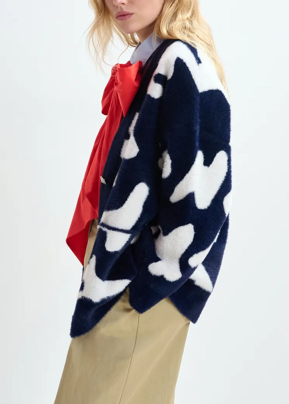 Cardigan Essentiel Antwerp Jarden Letters Knit Cardigan bleu marine et blanc, vue 3 – cardigan femme | Ann Tuil