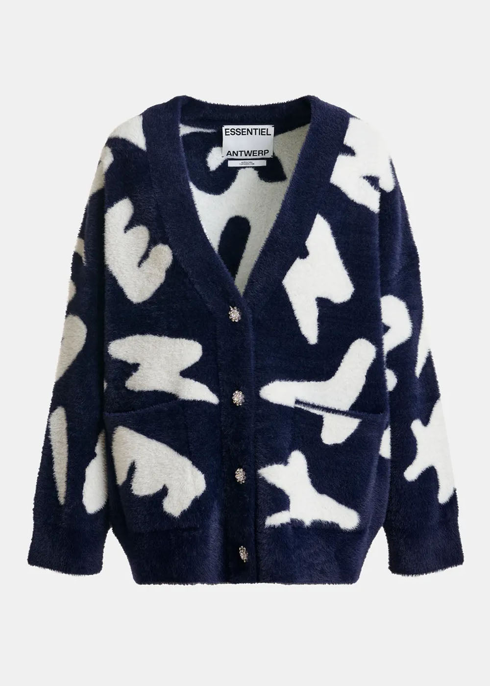 Cardigan Essentiel Antwerp Jarden Letters Knit Cardigan bleu marine et blanc, vue 6 – cardigan femme | Ann Tuil