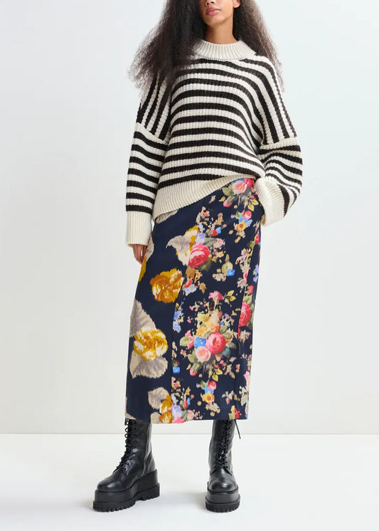 Jupe Essentiel Antwerp Jonsea Midilength Pencil Skirt marine et fleurs multicolores, vue 1 – jupe femme | Ann Tuil