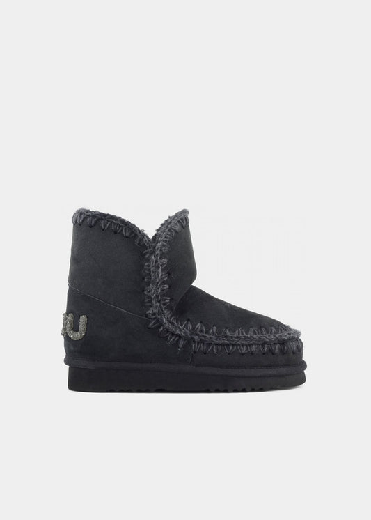 Boots Mou Eskimo 18 Glitter Logo en velours noir, vue de profil – boots femme | Ann Tuil