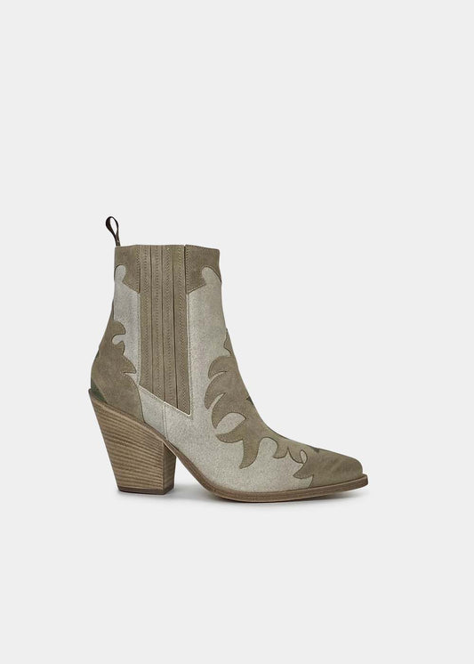 Boots Sartore Season SR3921 en velours écru, camel clair et olive, vue de profil – boots femme | Ann Tuil