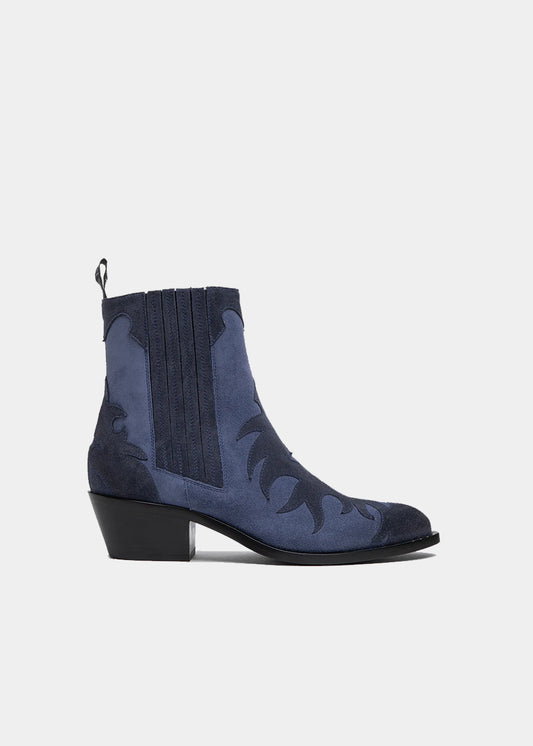 Boots Sartore Soon SR3645 en velours bleu, marine et ciel, vue de profil – boots femme | Ann Tuil