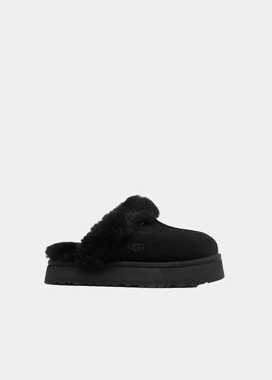 Mules UGG Disquette en velours noir, vue de profil – mules plateforme femme | Ann Tuil