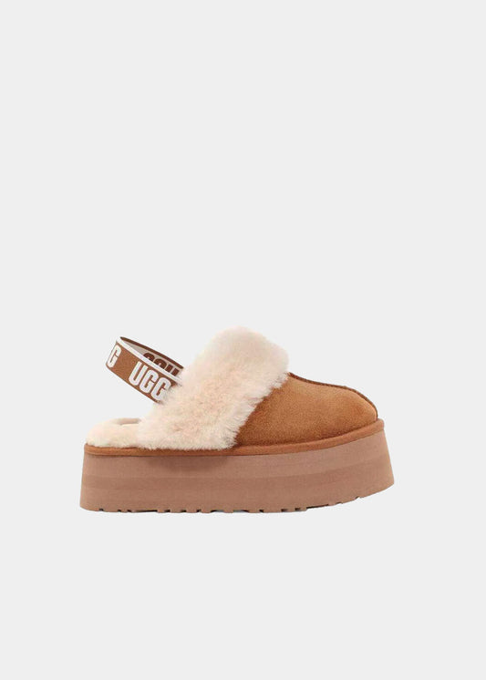 Mules UGG Funkette en velours camel, vue de profil – mules plateforme femme | Ann Tuil