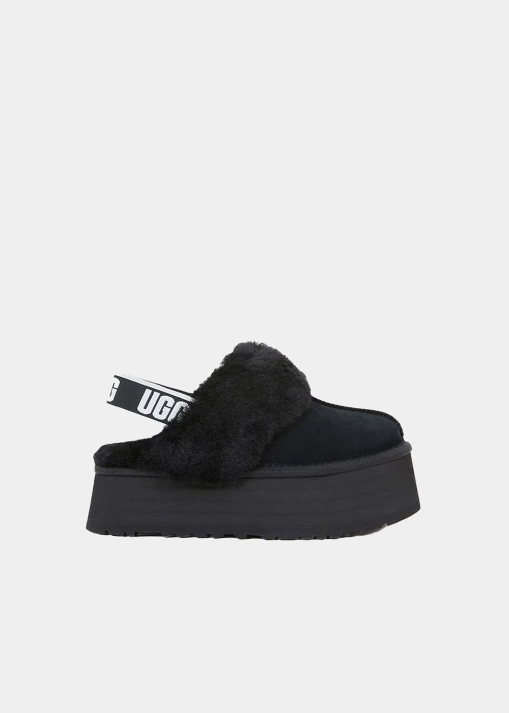 Mules UGG Funkette en velours noir, vue de profil – mules plateforme femme | Ann Tuil