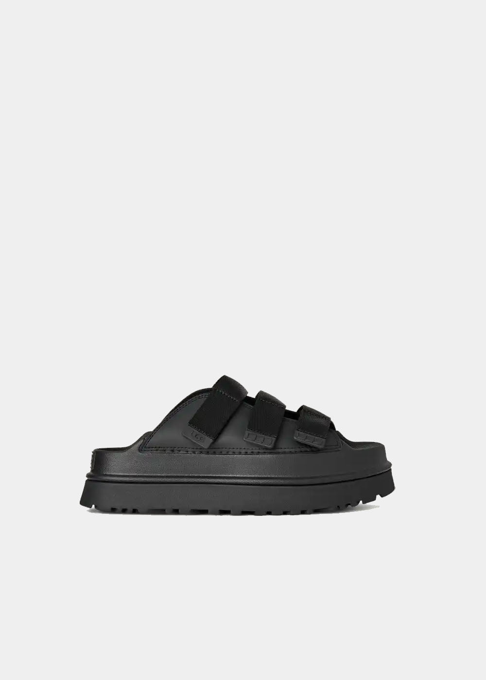 Sandales UGG Goldenglow Slide noir, vue de profil – mules plateforme femme | Ann Tuil