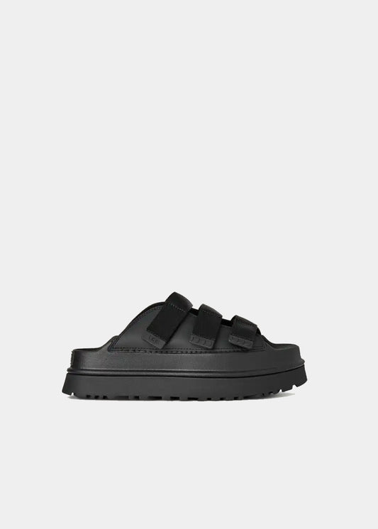 Sandales UGG Goldenglow Slide noir, vue de profil – mules plateforme femme | Ann Tuil
