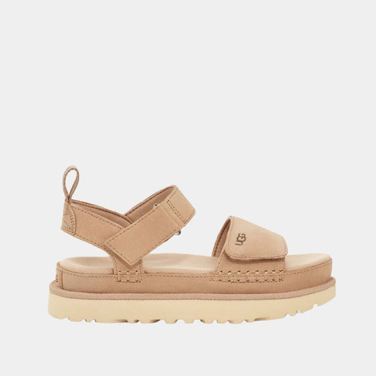 Sandales UGG Goldenstar en velours beige, vue de profil – sandales plateforme femme | Ann Tuil