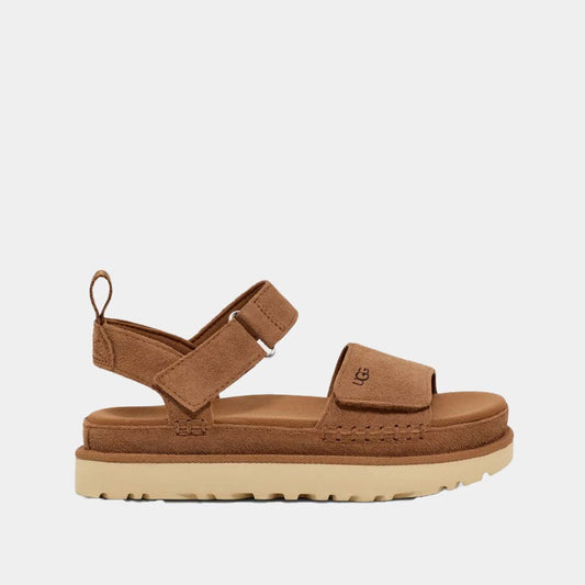 Sandales UGG Goldenstar en velours camel, vue de profil – sandales plateforme femme | Ann Tuil