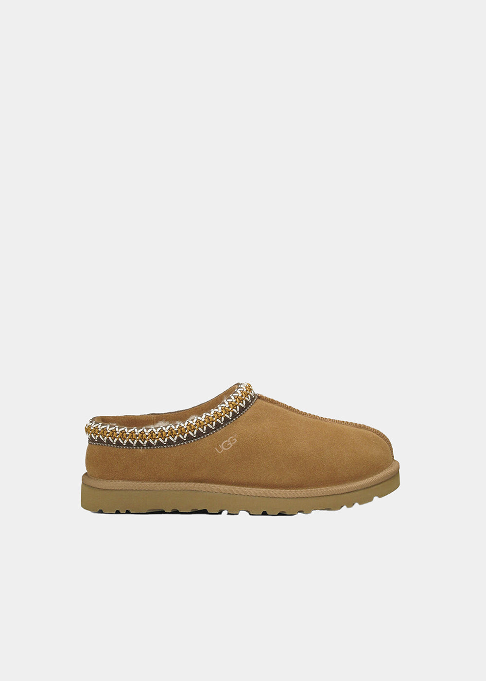 Mules UGG Tasman en velours camel, vue de profil – chaussons mules fourrés femme | Ann Tuil