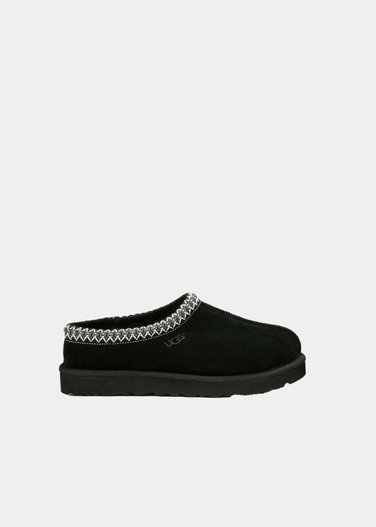 Mules UGG Tasman en velours noir, vue de profil – chaussons mules fourrés femme | Ann Tuil