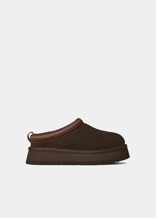 Mules plateforme UGG Tazz II en velours et tissu marron dusted cocoa, vue de profil – mules femme | Ann Tuil