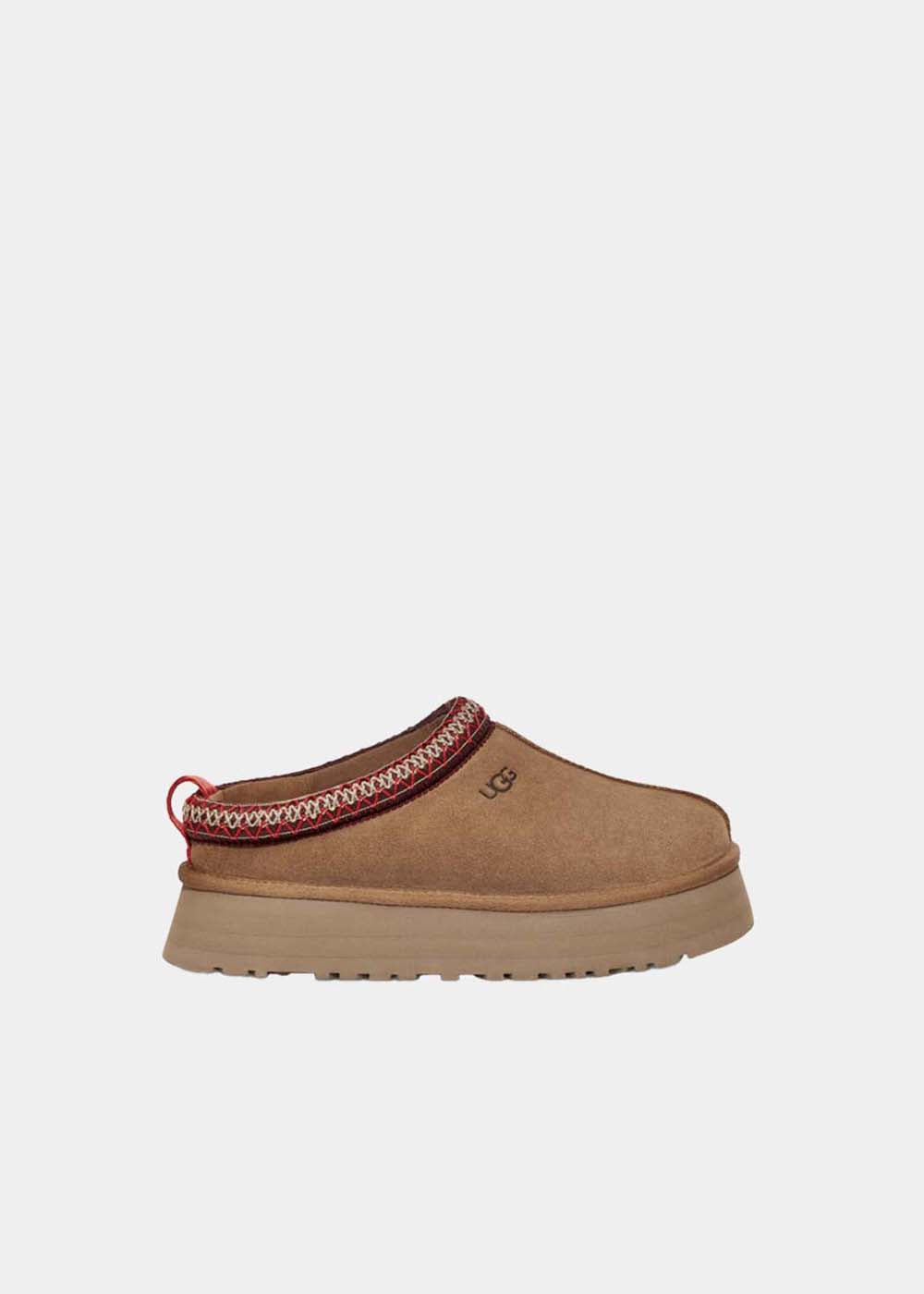 Mules plateforme UGG Tazz en velours et tissu camel, vue de profil – mules femme | Ann Tuil