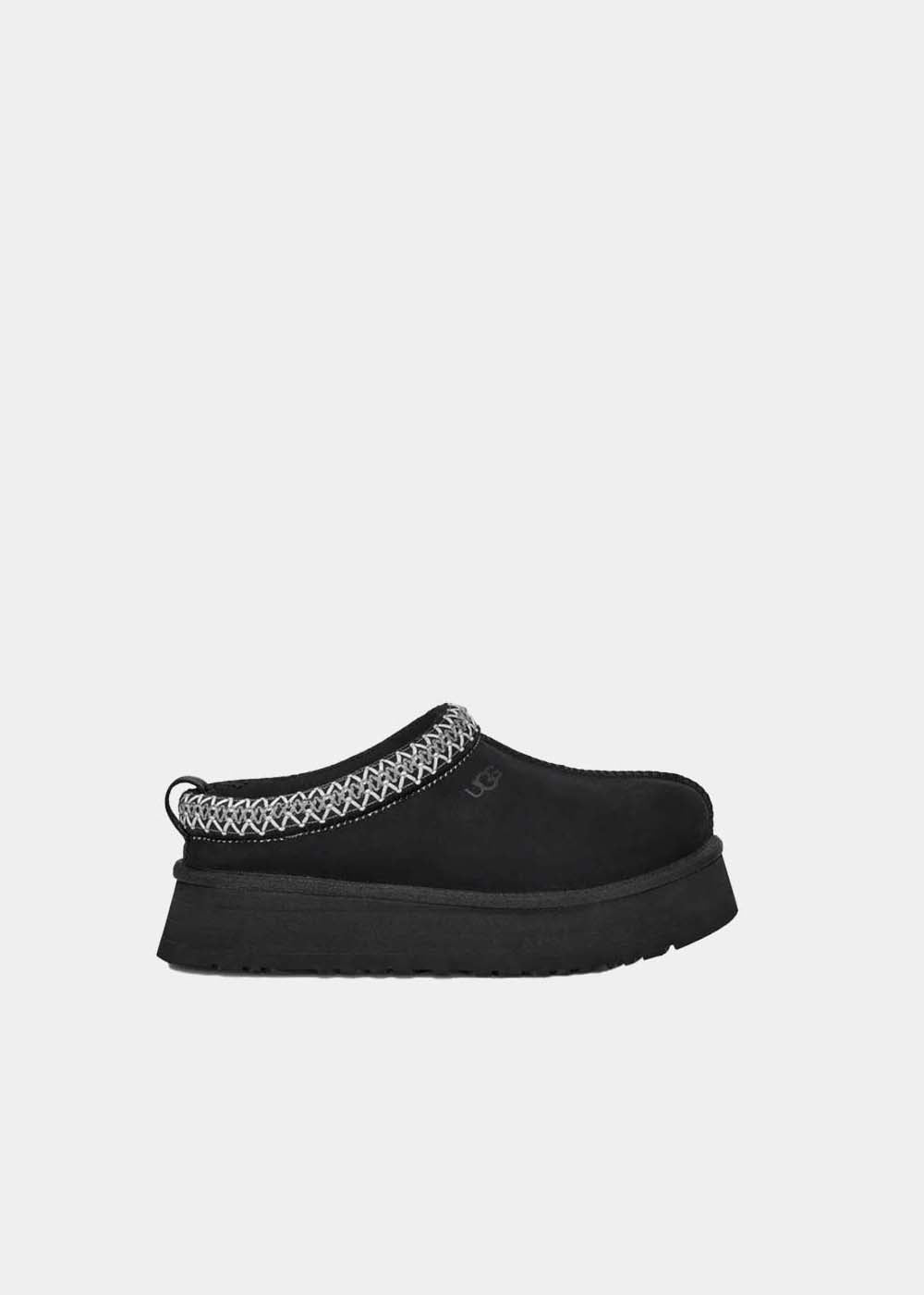 Mules plateforme UGG Tazz en velours et tissu noir, vue de profil – mules femme | Ann Tuil