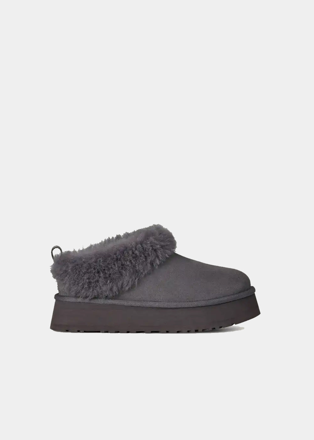 Mules plateforme UGG Tazzelle en velours gris obsidian, vue de profil – mules femme | Ann Tuil