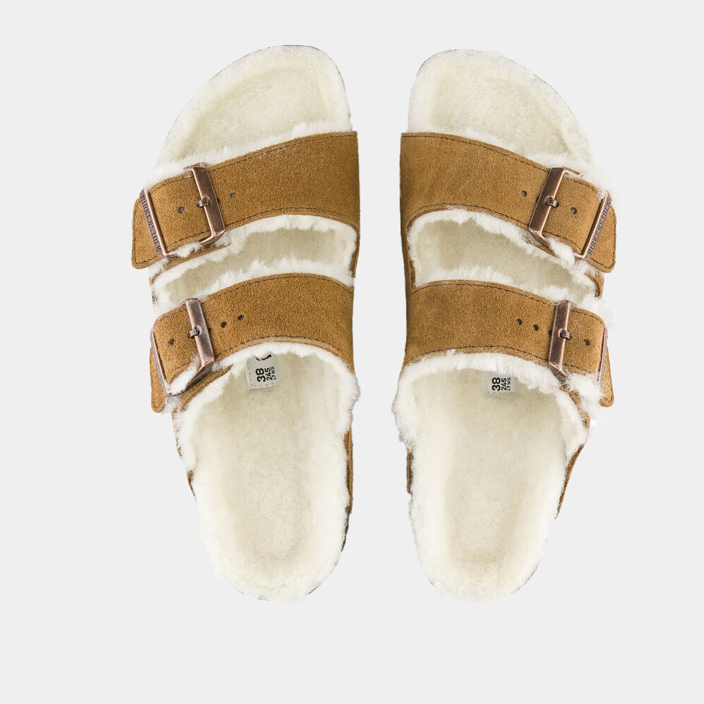 Mules Birkenstock Arizona Shearling en nubuck et fourrure camel, vue 4 – mules fourrées femme | Ann Tuil