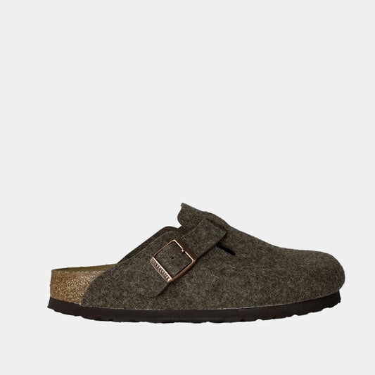Sabots Birkenstock Boston BS en laine gris, vue de profil – sabots femme | Ann Tuil